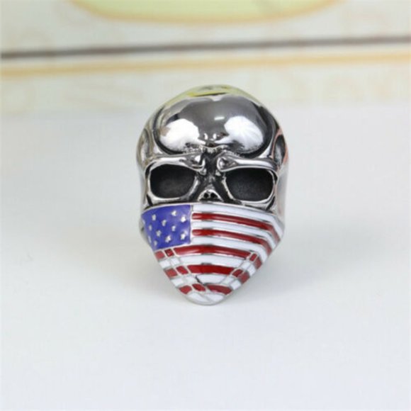 Stainless Steel Skull and American Flag Biker Ring - Picture 2 of 5